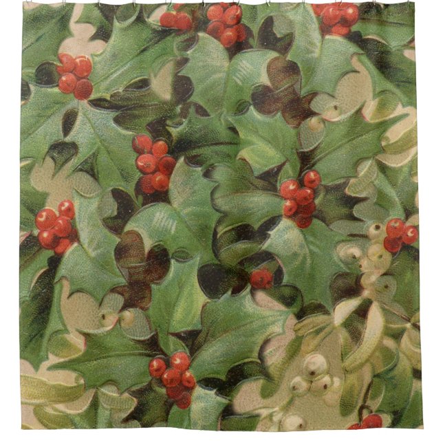 Holly Berry Greenery Christmas Holiday Vintage Shower Curtain (Front)