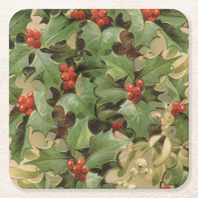 Holly Berry Greenery Christmas Holiday Vintage Square Paper Coaster (Front)