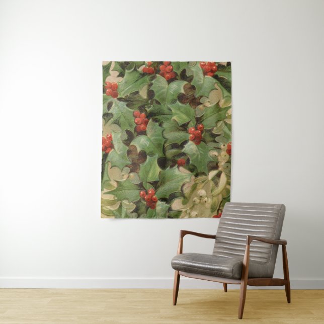Holly Berry Greenery Christmas Holiday Vintage Tapestry (In Situ)