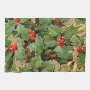 Holly Berry Greenery Christmas Holiday Vintage Tea Towel