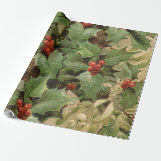 Holly Berry Greenery Christmas Holiday Vintage Wrapping Paper (Unrolled)