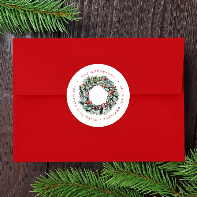 Holly Berry & Greenery Wreath Return Address Classic Round Sticker (Creator Uploaded)