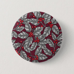 Holly berry, grey leaves on dark red 6 cm round badge