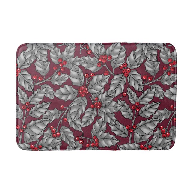 Holly berry, grey leaves on dark red bath mat (Front)