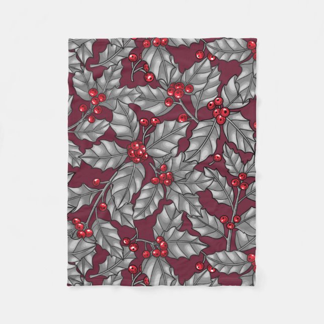 Holly berry, grey leaves on dark red fleece blanket (Front)