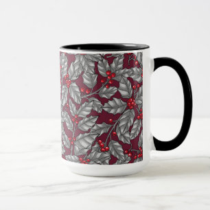 Holly berry, grey leaves on dark red mug
