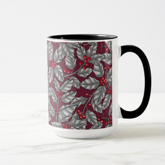 Holly berry, grey leaves on dark red mug (Right)