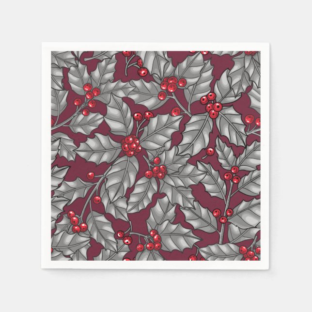 Holly berry, grey leaves on dark red napkin (Front)