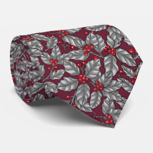Holly berry, grey leaves on dark red tie