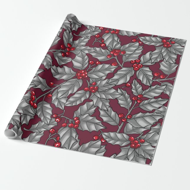 Holly berry, grey leaves on dark red wrapping paper (Unrolled)