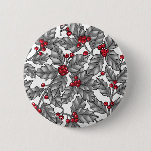 Holly berry, grey leaves on white 6 cm round badge