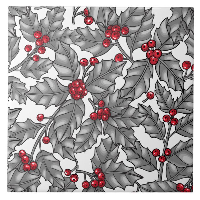 Holly berry, grey leaves on white ceramic tile (Front)