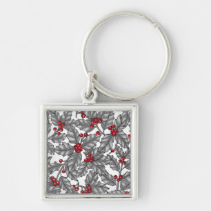 Holly berry, grey leaves on white key ring
