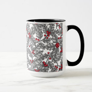 Holly berry, grey leaves on white mug