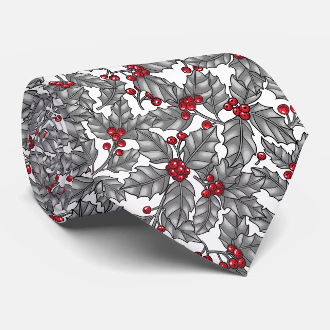 Holly berry, grey leaves on white tie (Rolled)
