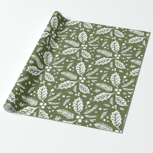 Holly Berry Hand Drawn Illustration Pattern Green Wrapping Paper (Unrolled)