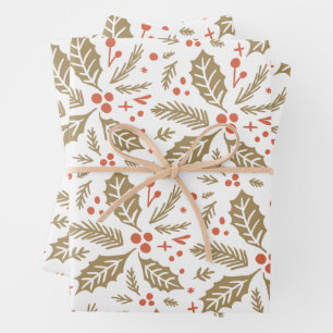Holly Berry Hand Drawn Multi-colour Gold & Red Wrapping Paper Sheet