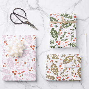 Holly Berry Hand Drawn Multi-colour Pattern Wrapping Paper Sheet