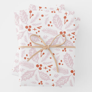 Holly Berry Hand Drawn Multi-colour Pink Red Wrapping Paper Sheet