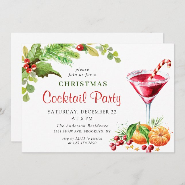 Holly Berry Holiday Christmas Cocktail Party Invitation (Front/Back)