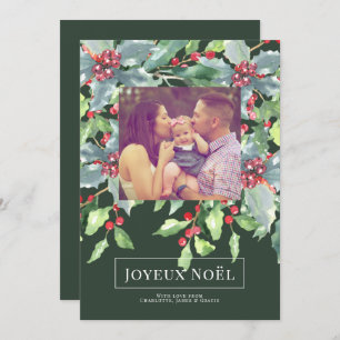 Holly Berry Joyeux Noël Elegant Christmas Card