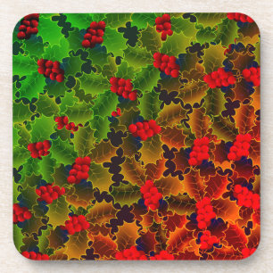 Holly berry leaves glowing look winter red green coaster