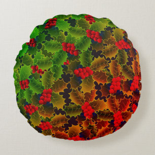 Holly berry leaves red green glowing winter hearth round cushion