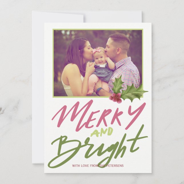 Holly berry merry & bright pink green script photo holiday card (Front)