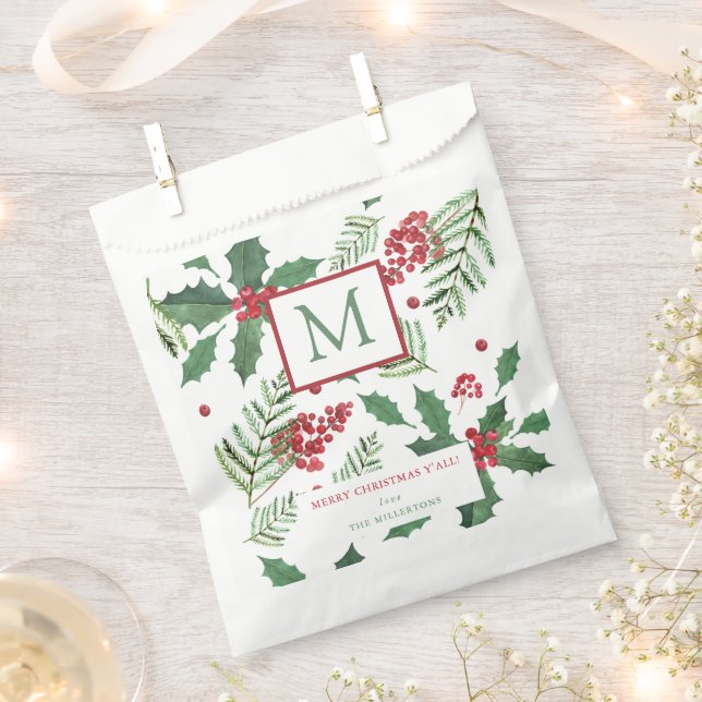 Holly Berry Merry Christmas Monogram Favour Bag (Clipped)