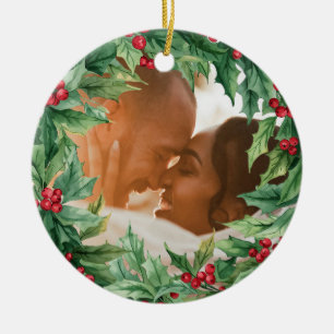 Holly Berry Mistletoe Custom Christmas Photo Ceramic Ornament