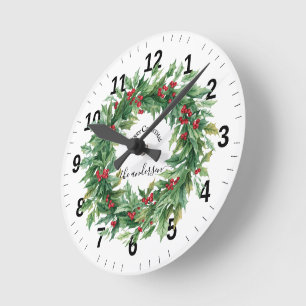 Holly Berry mistletoe Wreath Christmas Family Name Round Clock