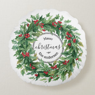 Holly Berry mistletoe Wreath Christmas Script Round Cushion