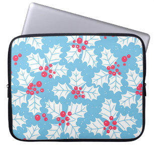 Holly berry on blue laptop sleeve