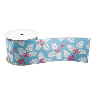 Holly berry on blue satin ribbon