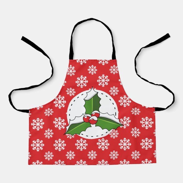 Holly Berry on Red White Snowflakes Pattern Apron (Front)
