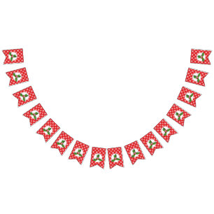 Holly Berry on Red White Snowflakes Pattern Bunting