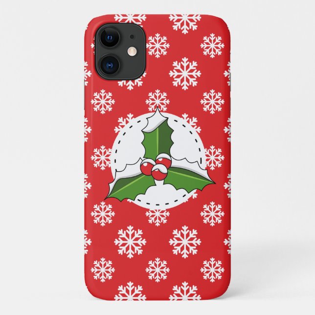 Holly Berry on Red White Snowflakes Pattern Case-Mate iPhone Case (Back)
