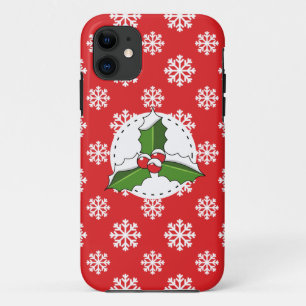 Holly Berry on Red White Snowflakes Pattern iPhone 11 Case