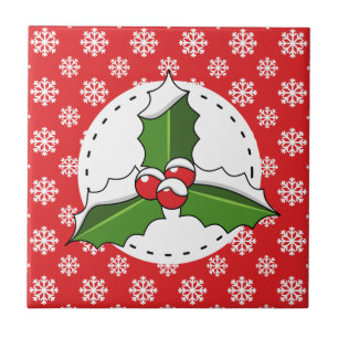 Holly Berry on Red White Snowflakes Pattern Ceramic Tile
