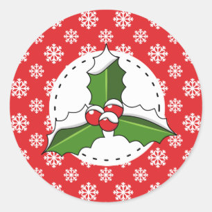 Holly Berry on Red White Snowflakes Pattern Classic Round Sticker