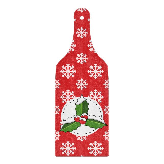 Holly Berry on Red White Snowflakes Pattern Cutting Board (Front)