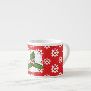 Holly Berry on Red White Snowflakes Pattern Espresso Cup