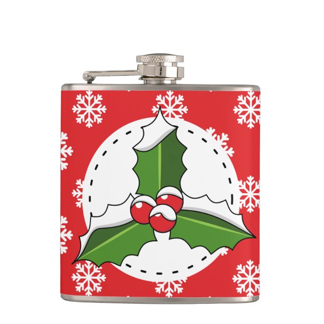 Holly Berry on Red White Snowflakes Pattern Hip Flask (Front)