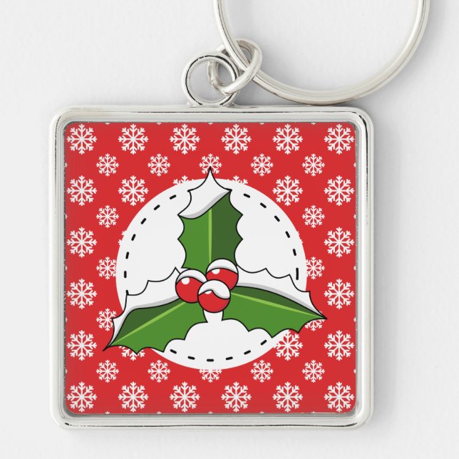 Holly Berry on Red White Snowflakes Pattern Key Ring (Front)