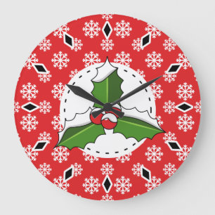 Holly Berry on Red White Snowflakes Pattern Large Clock