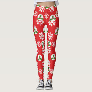 Holly Berry on Red White Snowflakes Pattern Leggings