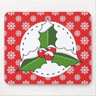 Holly Berry on Red White Snowflakes Pattern Mouse Pad