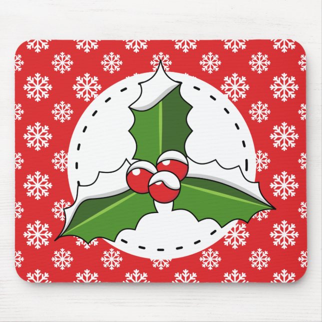Holly Berry on Red White Snowflakes Pattern Mouse Pad (Front)
