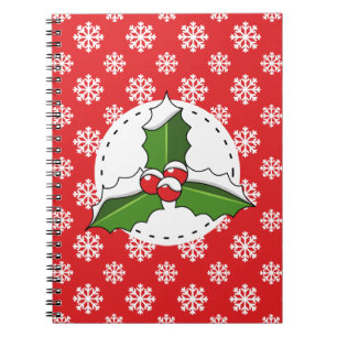 Holly Berry on Red White Snowflakes Pattern Notebook