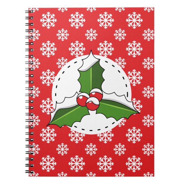 Holly Berry on Red White Snowflakes Pattern Notebook (Front)